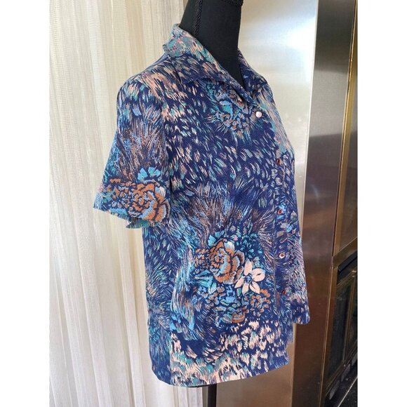 Vintage 70s top, blue, tan, pink abstract pattern, short sleeves blouse - Picture 7 of 8